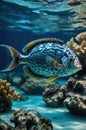 Stunning Blue and Yellow Spotted Fish in Vibrant Coral Reef Royalty Free Stock Photo