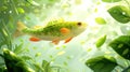 Green Fish Swimming in Underwater Plants, Sunlight Rays Royalty Free Stock Photo
