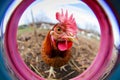 vibrant fisheye view of a chicken with feathers ruffling