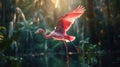 Vibrant Flamingo In Flight Realistic Backlit Photography By Raphael Lacoste