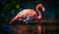 Vibrant flamingo stands tall in tranquil pond generated by AI