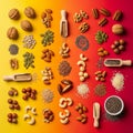 Vibrant flat lay of assorted nuts and seeds on a gradient background Royalty Free Stock Photo