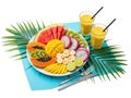 Healthy Tropical Fruit Platter with Juice, Flat Lay Royalty Free Stock Photo