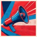 Striking flat vector megaphone illustration with bold red and blue halftone background for communication. Royalty Free Stock Photo