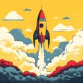 Vibrant flat vector illustration of a retro-style rocket launching into a yellow sky. Royalty Free Stock Photo