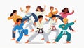 Kids from diverse cultures practicing martial arts together, promoting discipline and teamwork, flat vector design Royalty Free Stock Photo