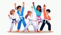 Kids from diverse cultures practicing martial arts together, promoting discipline and teamwork, flat vector design Royalty Free Stock Photo