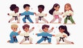 Kids from diverse cultures practicing martial arts together, promoting discipline and teamwork, flat vector design Royalty Free Stock Photo
