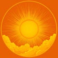Vibrant flat vector sun illustration with radiating rays and golden clouds on a bold orange background. Royalty Free Stock Photo