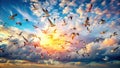 A vibrant flock of birds in flight against a breathtaking sunset sky, showcasing a captivating array of colors and dynamic motion Royalty Free Stock Photo