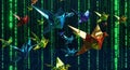 Digital Origami Cranes Flying in Binary Code Matrix Royalty Free Stock Photo