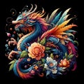 A vibrant floral dragon with vivid colors, in realistic art, stunning, drawing, mythical legendary spirit, fantasy art
