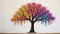 A vibrant floral tree with colorful leaves adorns an abstract 3D wallpaper suitable as a captivating indoor mural design