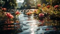 A vibrant flower blossom reflects on tranquil pond water generated by AI Royalty Free Stock Photo