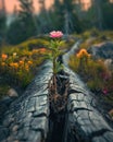 Resilient Flower Thriving in Log Crack Royalty Free Stock Photo