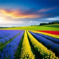 vibrant flower field in full bloom, surrounded by rolling hills and a brilliant blue sky