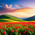 vibrant flower field in full bloom, surrounded by rolling, hills and a brilliant blue sky