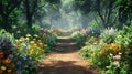 Magical Forest Path Lined with Colorful Flowers Royalty Free Stock Photo