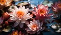 A vibrant flower head floats on tranquil pond water generated by AI Royalty Free Stock Photo