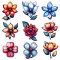 Vibrant flower icons, frosted glass style on white.