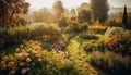 Vibrant flowers bloom in tranquil meadow scene generated by AI