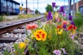 vibrant flowers blooming by the side of train tracks