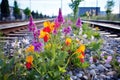 vibrant flowers blooming by the side of train tracks