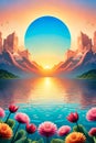 vibrant flowers with a lake in middle and mountains in the background. vivid nature wallpaper background. fantasy art Royalty Free Stock Photo