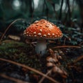 Vibrant fly amanita mushroom sits on a bed of wet, brown leaves in a forest. AI-generated.