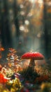 Vibrant fly mushroom perched verdant field sunlit forest glade, inviting wonde striking appearance
