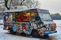 A vibrant food truck parked alongside the road, offering a variety of tasty dishes, A food truck decorated with comic book art