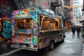 A vibrant food truck parked on the side of a busy street, offering a variety of mouthwatering meals and snacks, A food truck