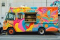 A vibrant food truck parked on the street in front of a commercial building, Vibrant food truck with hipster logo, AI Generated
