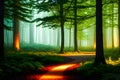 A vibrant forest scene with trees and plants that emit ethereal glowing lights casting an otherworldly generated by ai