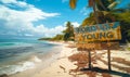 Vibrant FOREVER YOUNG sign on a tropical beach, evoking a sense of endless summer, vitality, and the timeless spirit of
