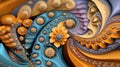 vibrant fractal design featuring intricate floral patterns in orange, blue, and yellow tones, creating mesmerizing and dynamic