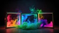 vibrant frame neon multi color lamps and lights with dark black smoke background, Wallpaper, Generative AI