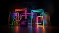 vibrant frame neon multi color lamps and lights with dark black smoke background, Wallpaper, Generative AI