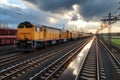 Vibrant freight trains on railway station, goods transported on colorful wagons