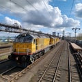 Vibrant freight trains on railway station, goods transported on colorful wagons