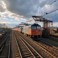 Vibrant freight trains on railway station, goods transported on colorful wagons