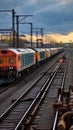 Vibrant freight trains on railway station, goods transported on colorful wagons