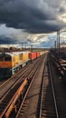 Vibrant freight trains on railway station, goods transported on colorful wagons