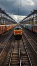 Vibrant freight trains on railway station, goods transported on colorful wagons