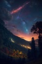 A vibrant fresco painting of a low hill, surrounded by a lush forest, illuminated by a spectacular meteor shower.