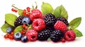 Vibrant Fresh Berries Mix - Raspberries, Blueberries, Blackberries, Strawberries with Leaves, Isolated Culinary Delight.