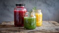 Vibrant Fresh Juices in Mason Jars on Rustic Table Royalty Free Stock Photo