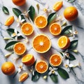 Bright Citrus Composition with Orange Slices, Whole Fruits, Leaves, and White Orange Blossoms on Marble AI-GENERATED Royalty Free Stock Photo