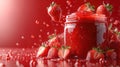 Vibrant fresh strawberries with jam jar on glossy red background Royalty Free Stock Photo