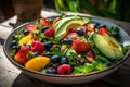 A vibrant, fresh summer salad, featuring an assortment of colorful, seasonal vegetables and fruits, outdoor dining scene.